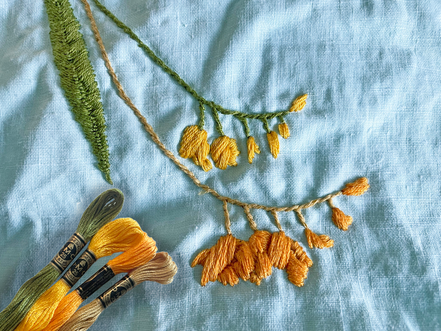Embroidery floral work with yellow, orange, gold, and green thread on a light blue fabric background. Four skeins of floss are superimposed in the bottom left corner.