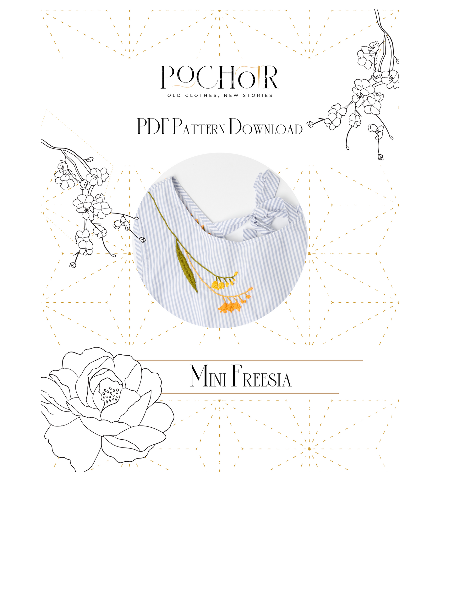Product packaging for a PDF embroidery pattern download featuring a blue and white striped top embroidered with a floral design on a white background.