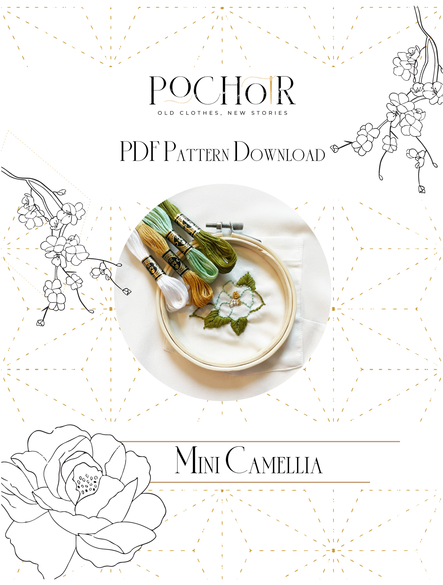 Product packaging for 'Mini Camellia' pattern by Pochor.NYC with floral designs on a white background.
