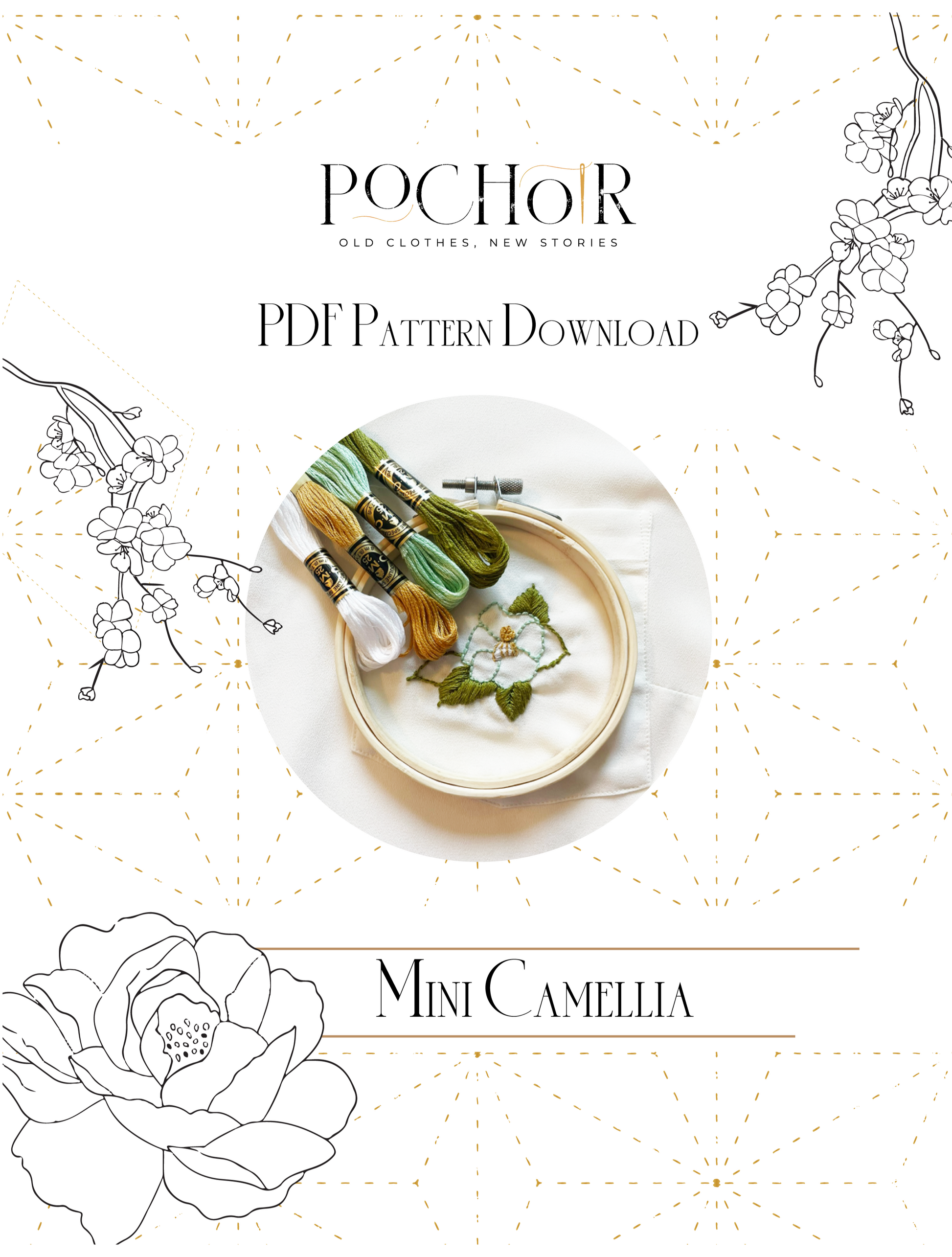 Product packaging for 'Mini Camellia' pattern by Pochor.NYC with floral designs on a white background.