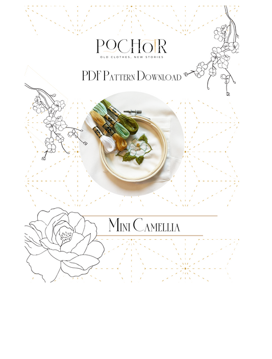 Product packaging for 'Mini Camellia' pattern by Pochor.NYC with floral designs on a white background.