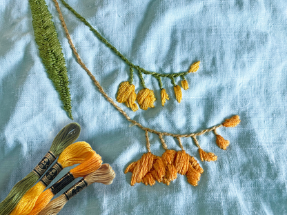 Embroidery floral work with yellow, orange, gold, and green thread on a light blue fabric background. Four skeins of floss are superimposed in the bottom left corner.