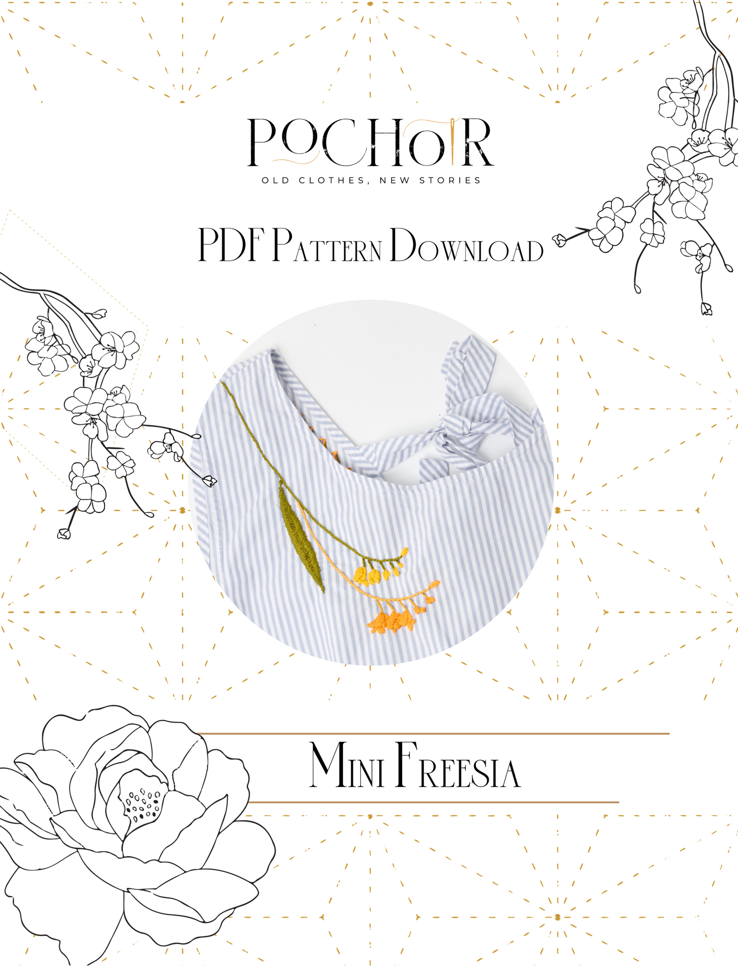 Product packaging for a PDF embroidery pattern download featuring a blue and white striped top embroidered with a floral design on a white background.